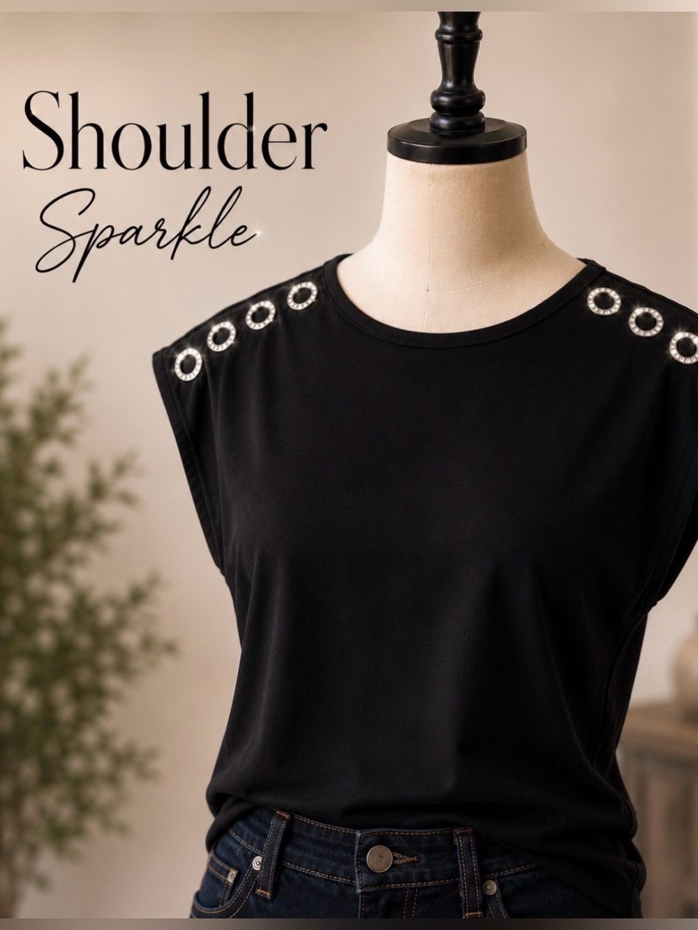 89th & Madison Black Knit Top Rhinestone Grommet Shoulder Detail Size S